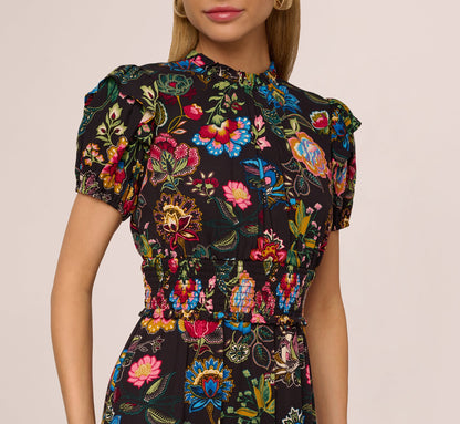 Puff Sleeve Floral Midi Flounce Dress In Black Multi