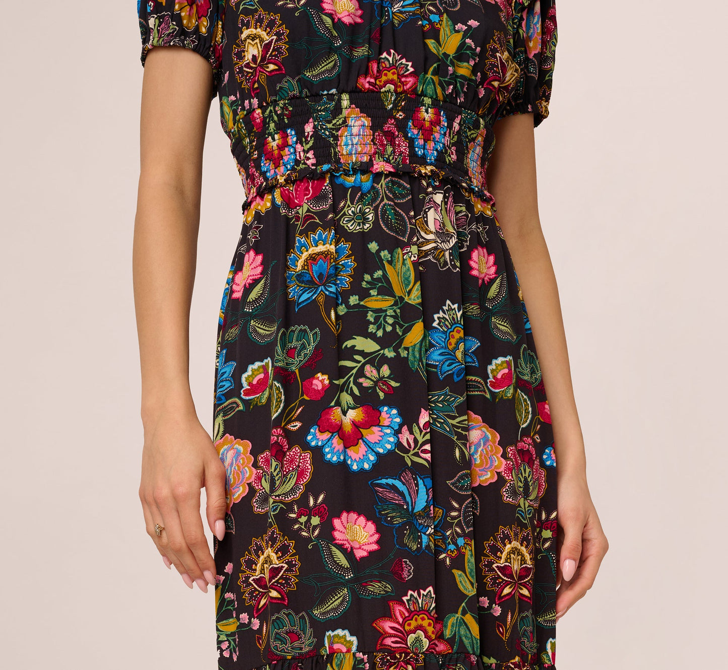 Puff Sleeve Floral Midi Flounce Dress In Black Multi