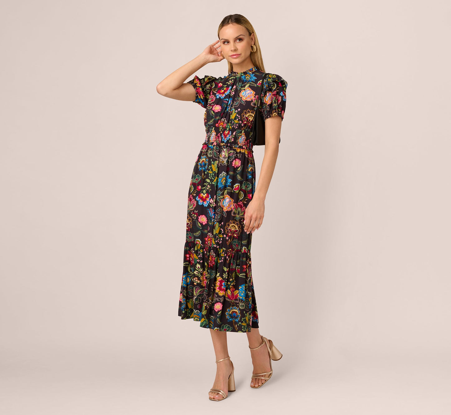 Puff Sleeve Floral Midi Flounce Dress In Black Multi