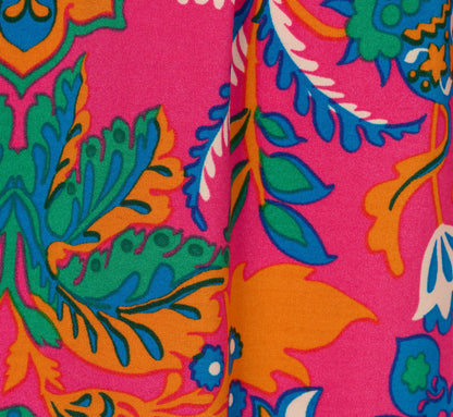 Puff Sleeve Retro Printed Short Dress In Hot Pink Multi