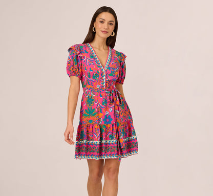 Puff Sleeve Retro Printed Short Dress In Hot Pink Multi