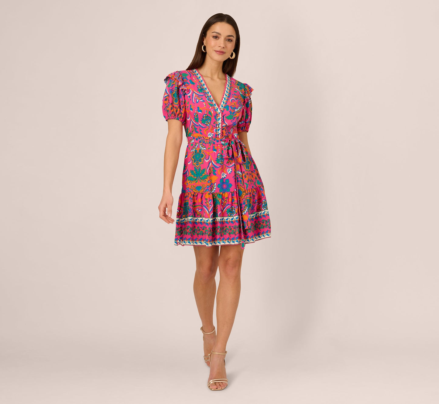 Puff Sleeve Retro Printed Short Dress In Hot Pink Multi