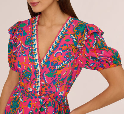 Puff Sleeve Retro Printed Short Dress In Hot Pink Multi