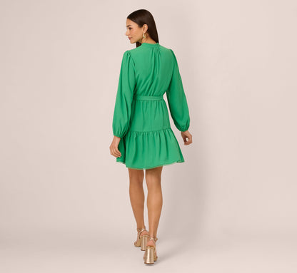 Long Sleeve Scallop Trim Short Dress In Green
