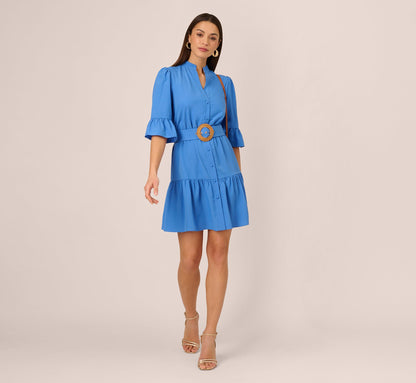 Bell Sleeve Short Shirt Dress In Cool Water