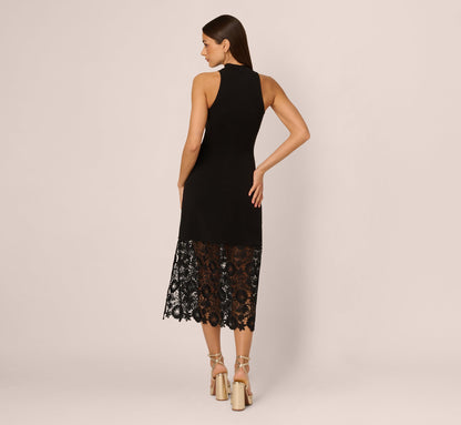 Sleeveless Lace Hem Midi Sheath Dress In Black