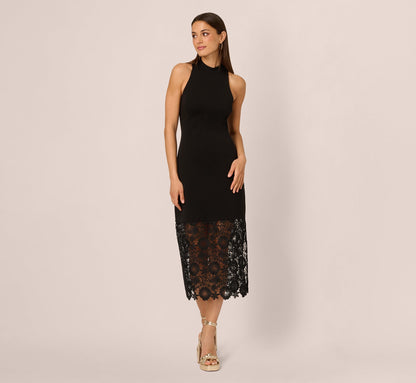 Sleeveless Lace Hem Midi Sheath Dress In Black