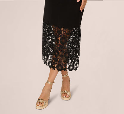 Sleeveless Lace Hem Midi Sheath Dress In Black