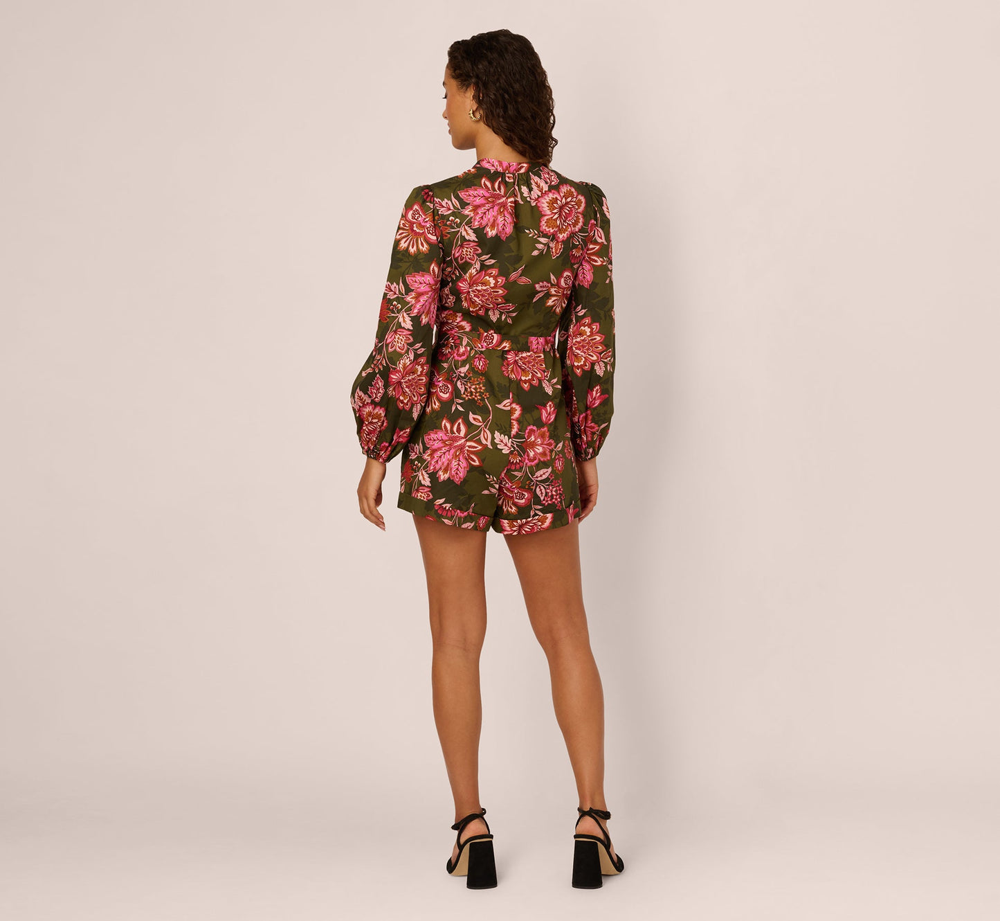 Bishop Sleeve Button Front Floral Romper In Olive Multi