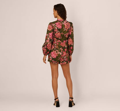 Bishop Sleeve Button Front Floral Romper In Olive Multi