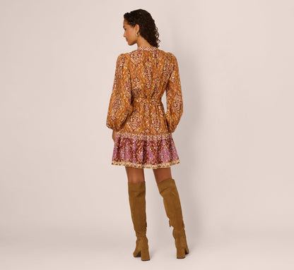 Bishop Sleeve Metallic Paisley A Line Dress In Brown Multi