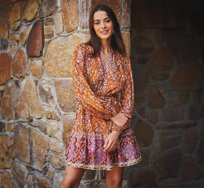 Bishop Sleeve Metallic Paisley A Line Dress In Brown Multi