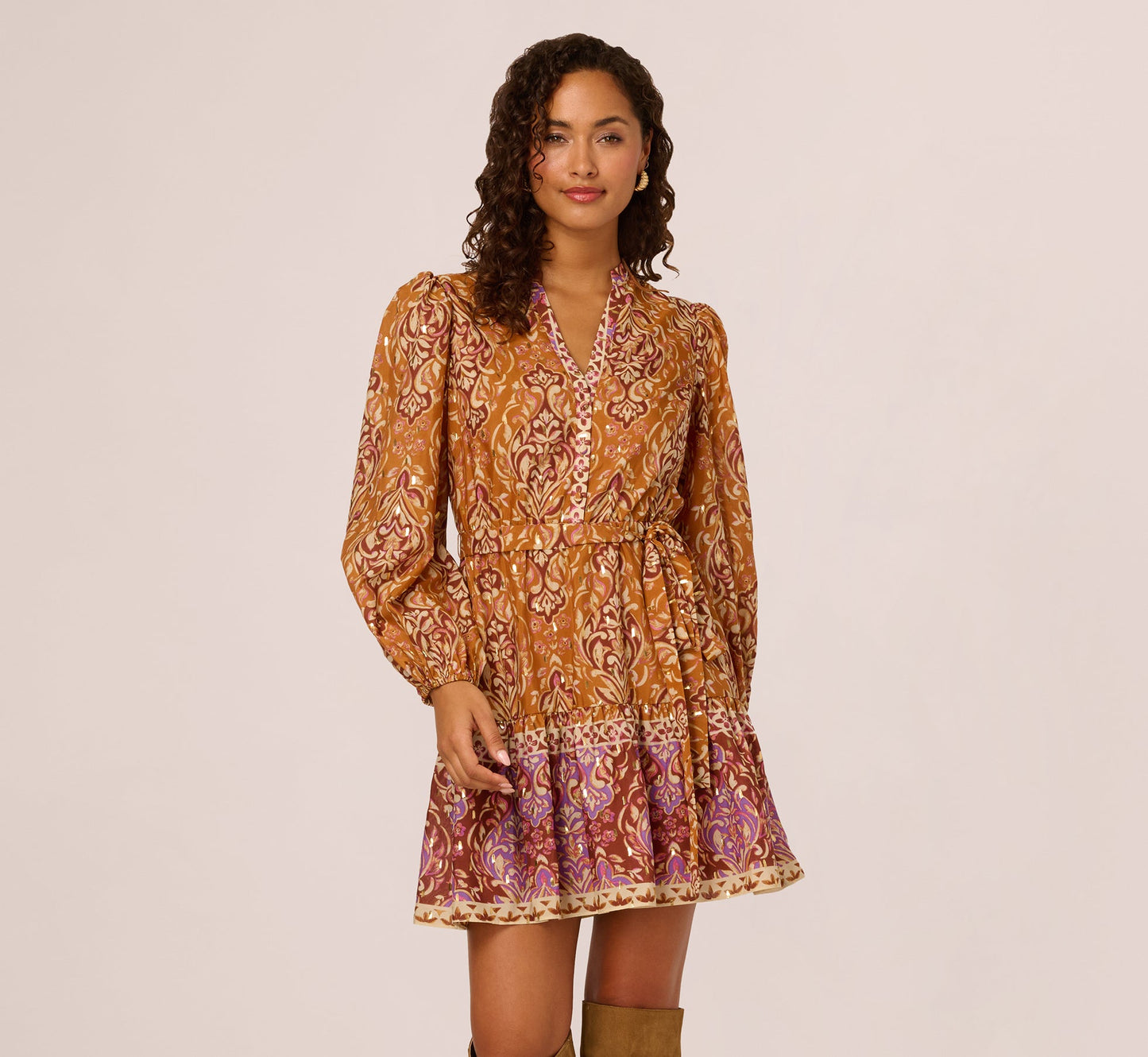 Bishop Sleeve Metallic Paisley A Line Dress In Brown Multi