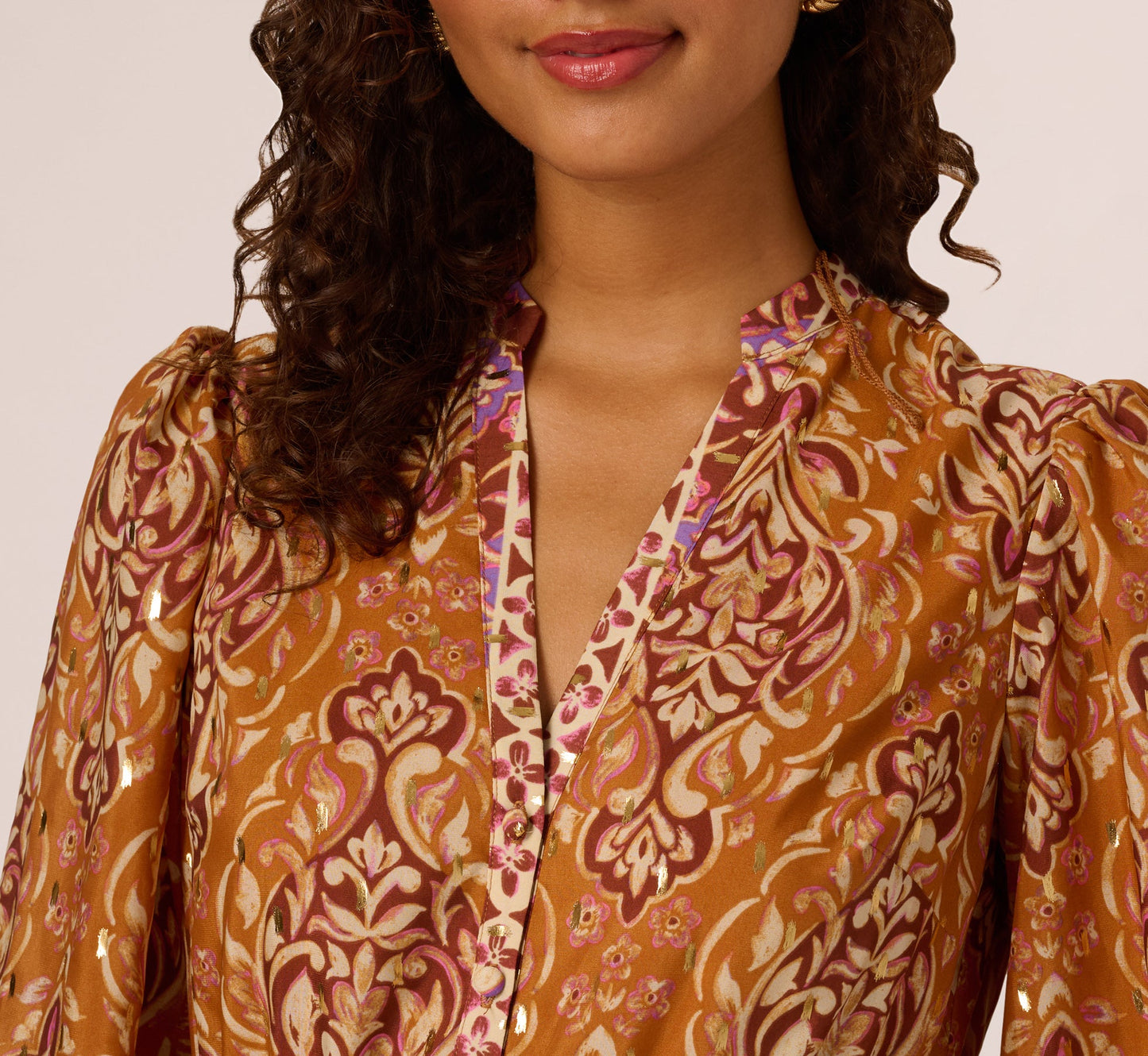 Bishop Sleeve Metallic Paisley A Line Dress In Brown Multi