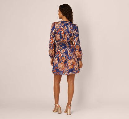 Long Sleeve Paisley Stripe Short Dress In Blue Multi