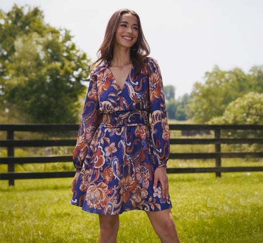 Long Sleeve Paisley Stripe Short Dress In Blue Multi