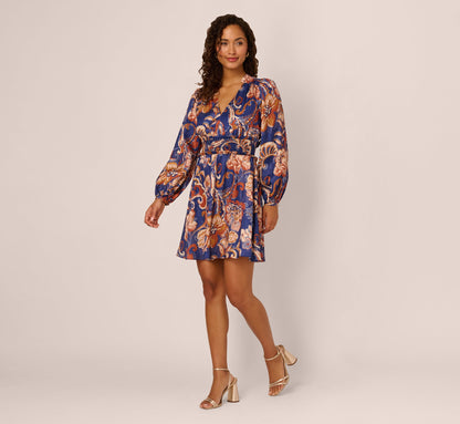 Long Sleeve Paisley Stripe Short Dress In Blue Multi