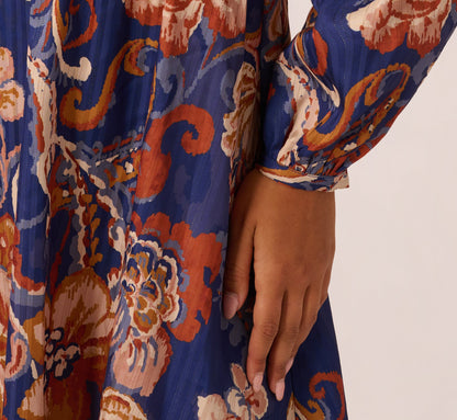 Long Sleeve Paisley Stripe Short Dress In Blue Multi