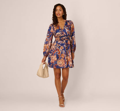 Long Sleeve Paisley Stripe Short Dress In Blue Multi