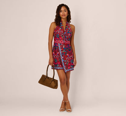 Sleeveless Paisley Wrap Skirt Short Dress In Brown Multi