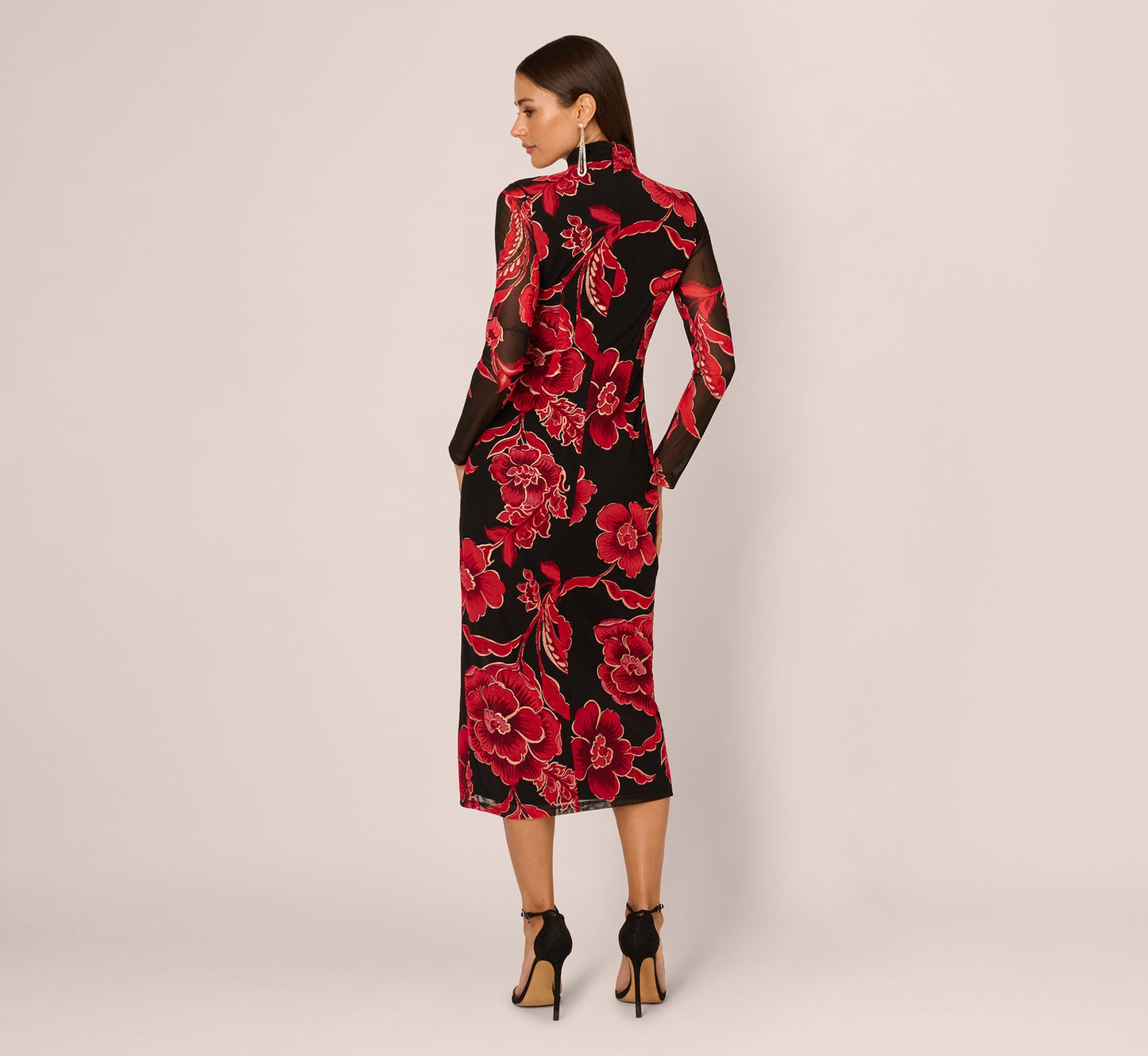 Long Sleeve Floral Mesh Bodycon Midi Dress In Black Multi