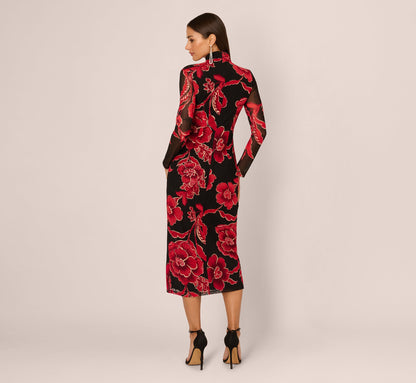 Long Sleeve Floral Mesh Bodycon Midi Dress In Black Multi