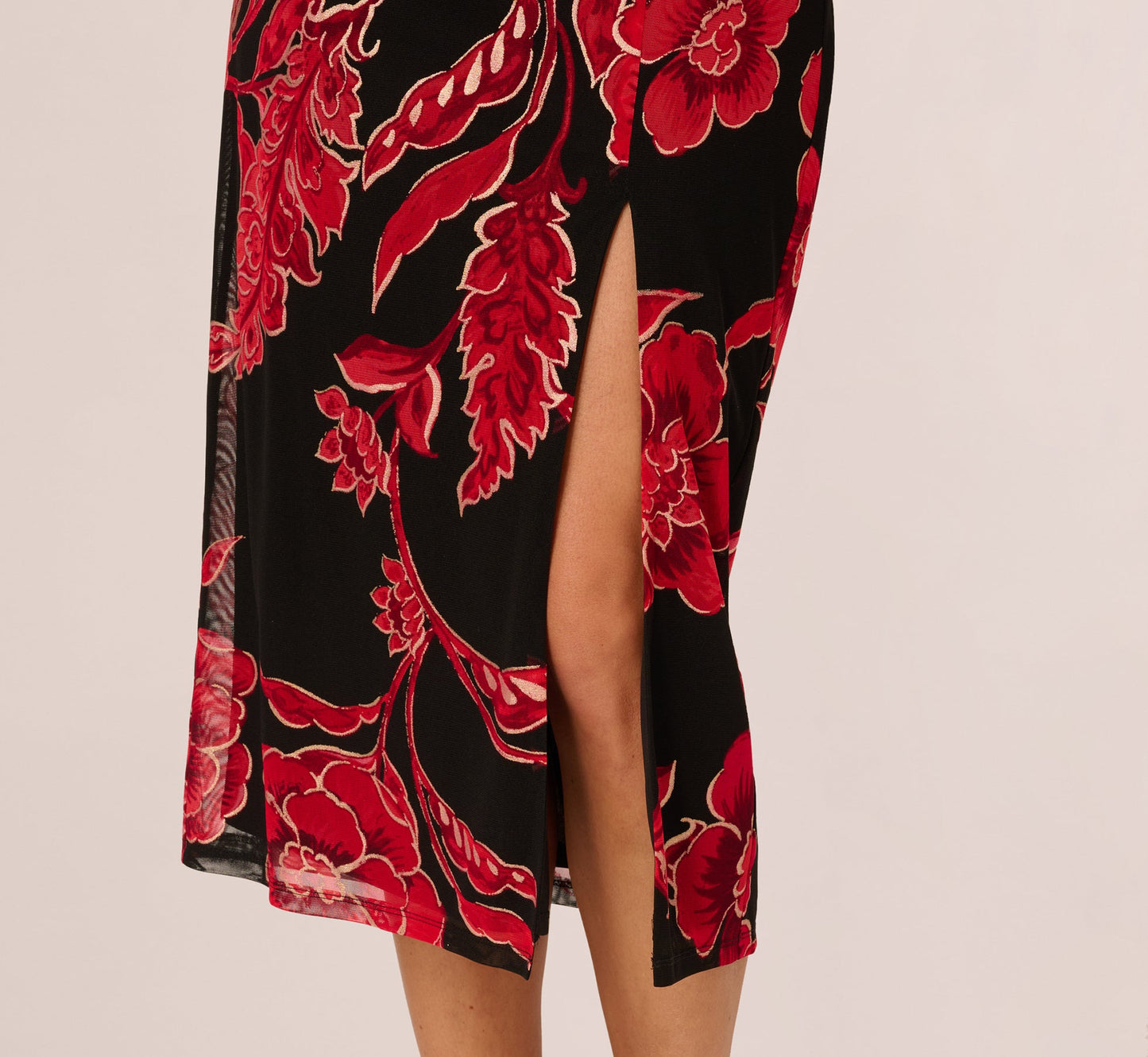 Long Sleeve Floral Mesh Bodycon Midi Dress In Black Multi