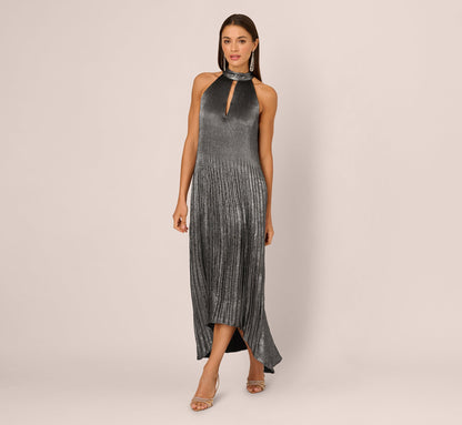 Pleated Metallic High Low Maxi Halter Dress In Gunmetal Black