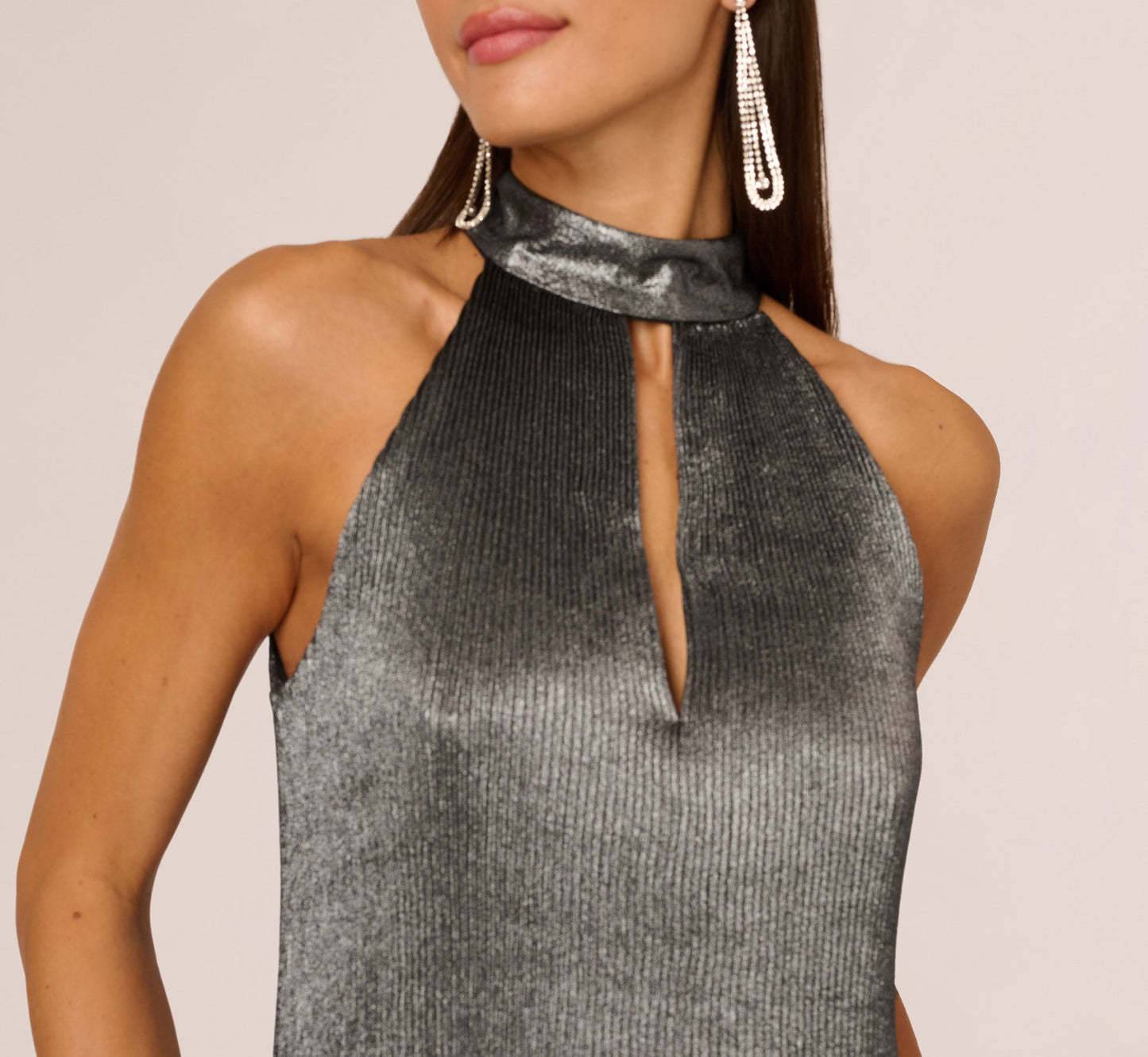 Pleated Metallic High Low Maxi Halter Dress In Gunmetal Black