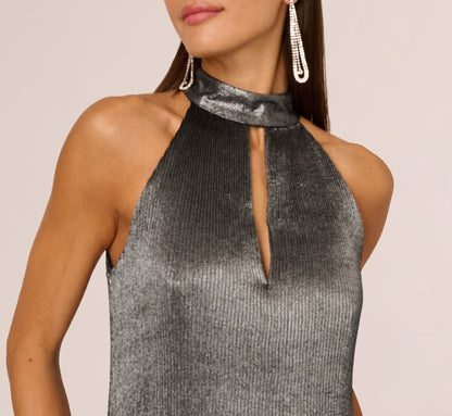 Pleated Metallic High Low Maxi Halter Dress In Gunmetal Black