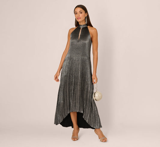 Pleated Metallic High Low Maxi Halter Dress In Gunmetal Black