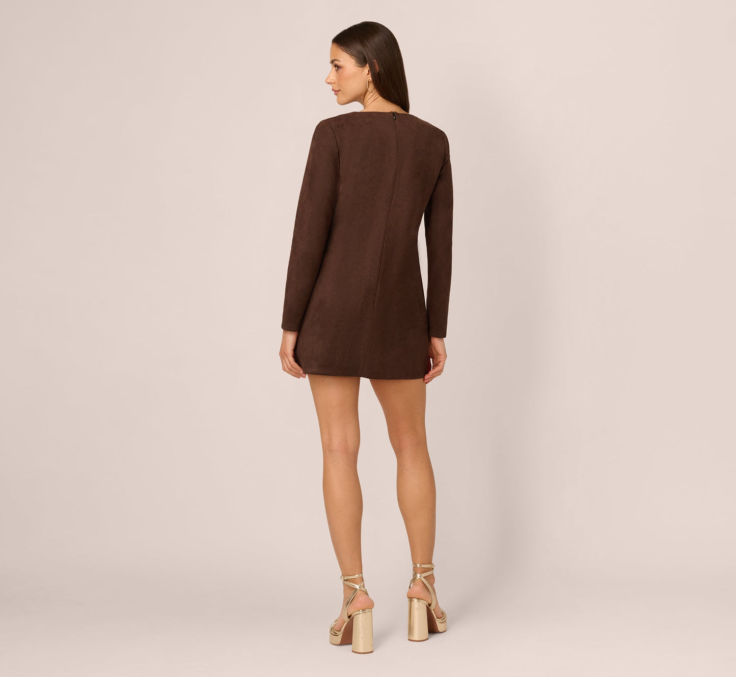 Long Sleeve Microsuede Shift Dress In Dark Brown