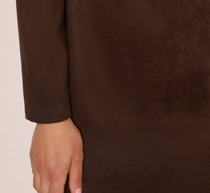 Long Sleeve Microsuede Shift Dress In Dark Brown