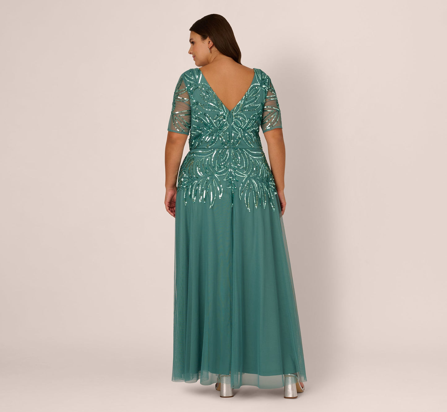 Plus Size Beaded Mesh Long Dress In Green Slate