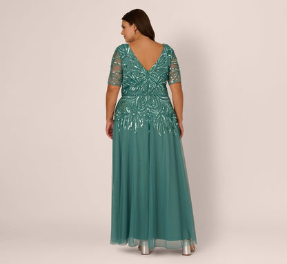 Plus Size Beaded Mesh Long Dress In Green Slate