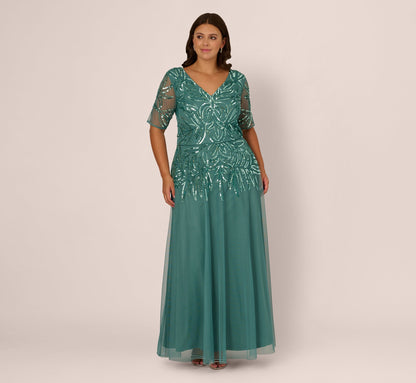 Plus Size Beaded Mesh Long Dress In Green Slate