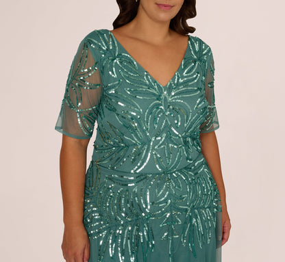 Plus Size Beaded Mesh Long Dress In Green Slate