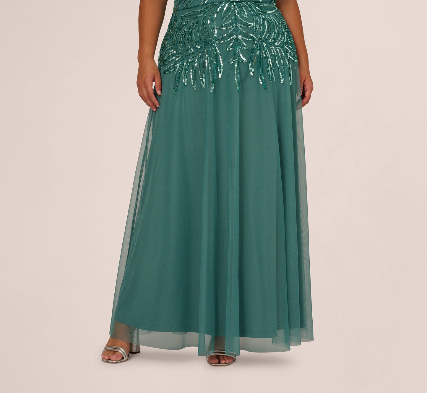 Plus Size Beaded Mesh Long Dress In Green Slate
