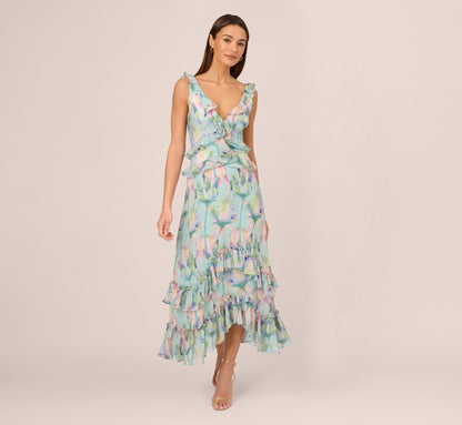 Sleeveless Floral Print High Low Maxi Dress With Ruffle Trim In Mint Multi