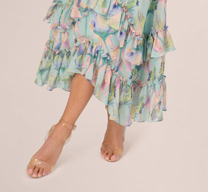 Sleeveless Floral Print High Low Maxi Dress With Ruffle Trim In Mint Multi