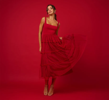 Sleeveless Midi Dress With Square Neck And Tiered Skirt In Matador Red