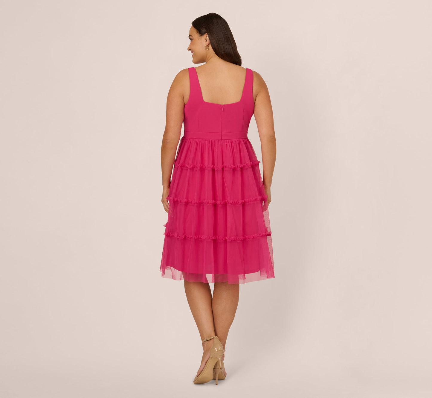 Plus Size Sleeveless Midi Dress With Square Neck And Tiered Skirt In Bright Rose