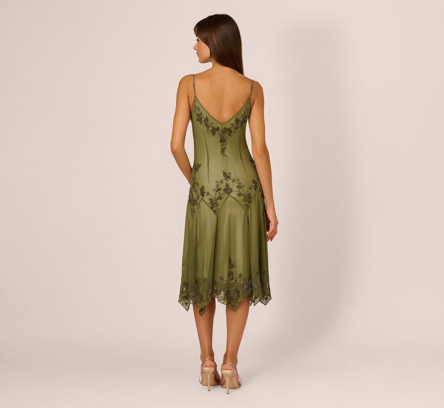 Vintage Beaded Midi Fairy Dress With Sharkbite Hem In Olive