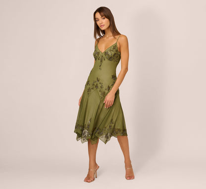 Vintage Beaded Midi Fairy Dress With Sharkbite Hem In Olive