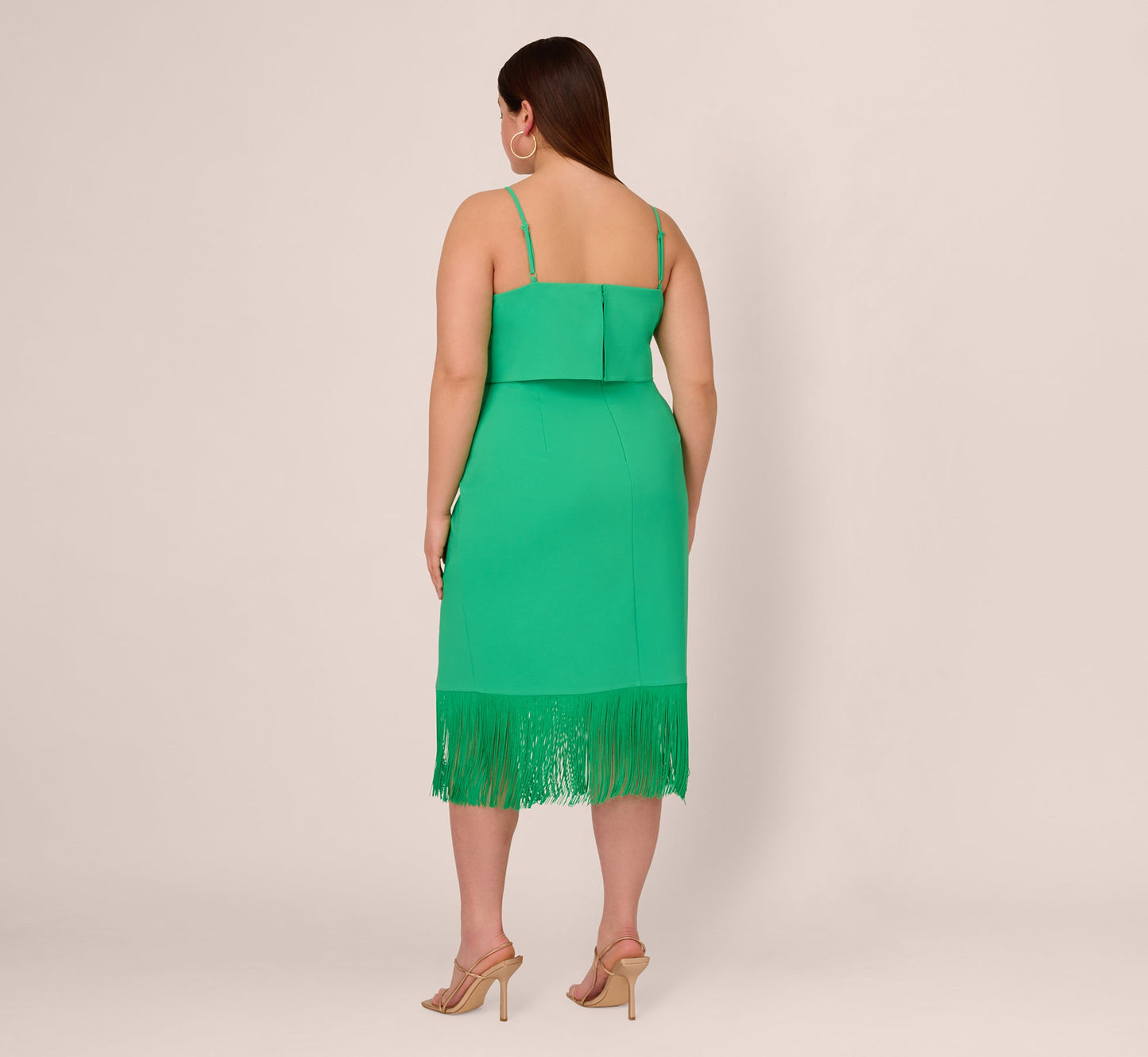 Plus Size Stretch Crepe Popover Midi Dress With Fringe Hem In Summer Green