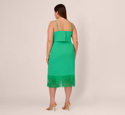 Plus Size Stretch Crepe Popover Midi Dress With Fringe Hem In Summer Green