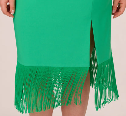 Plus Size Stretch Crepe Popover Midi Dress With Fringe Hem In Summer Green