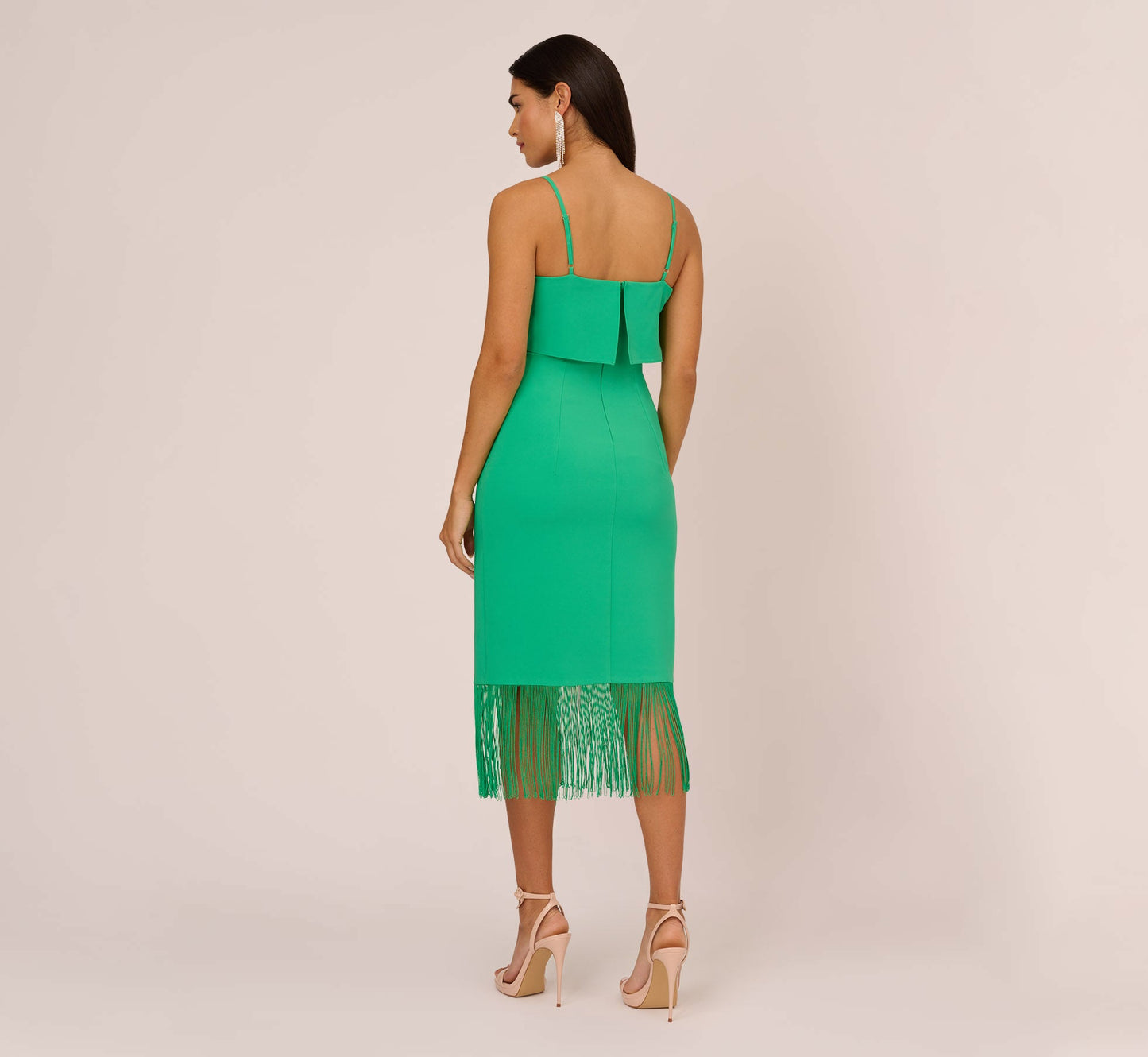 Stretch Crepe Popover Midi Dress With Fringe Hem In Summer Green