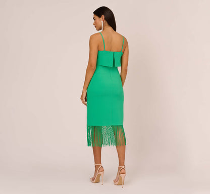Stretch Crepe Popover Midi Dress With Fringe Hem In Summer Green