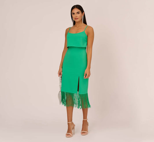 Stretch Crepe Popover Midi Dress With Fringe Hem In Summer Green